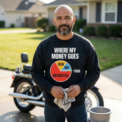 Where My Money Goes funny motorcycle crewneck sweatshirt — lifestyle