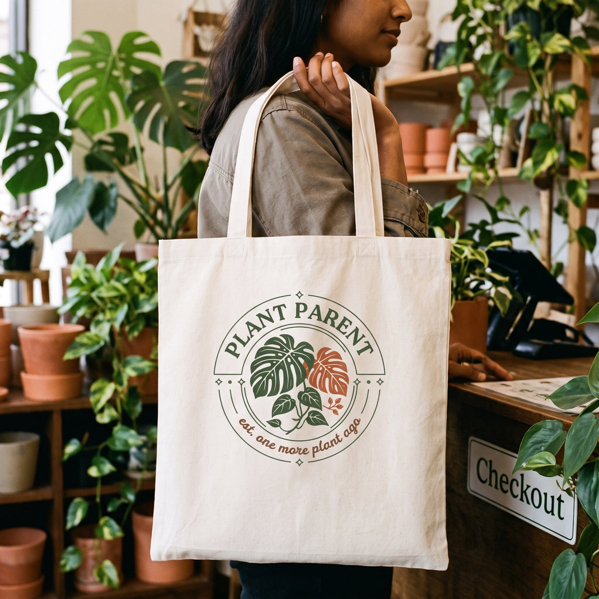 Plant Parent retro botanical badge cotton tote bag — lifestyle