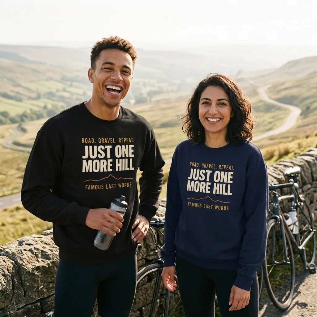 Just One More Hill retro cycling climb crewneck — lifestyle