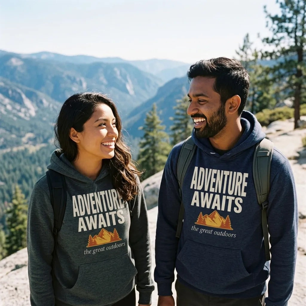 Adventure Awaits retro outdoors typography hoodie — lifestyle