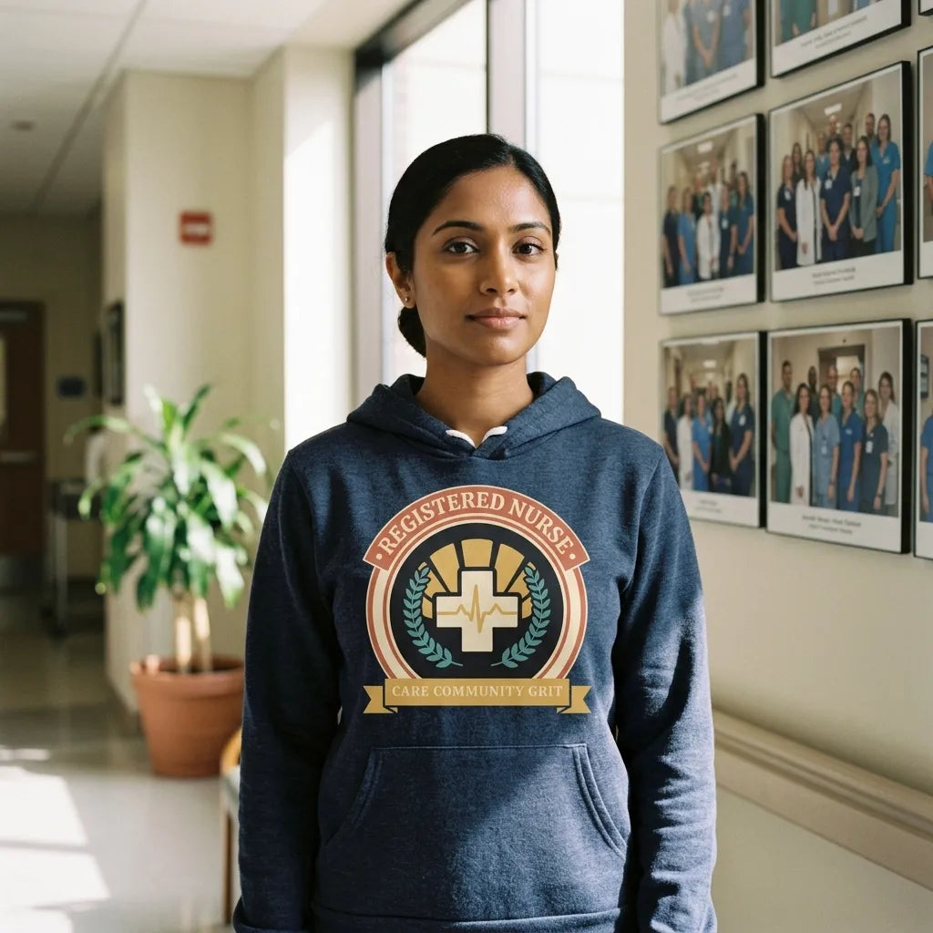 Registered Nurse vintage healthcare emblem badge hoodie — lifestyle