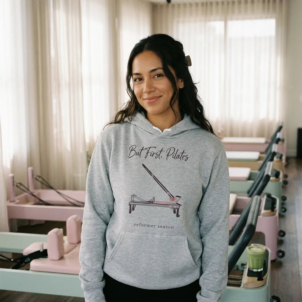 But First Pilates reformer line-art hoodie — lifestyle