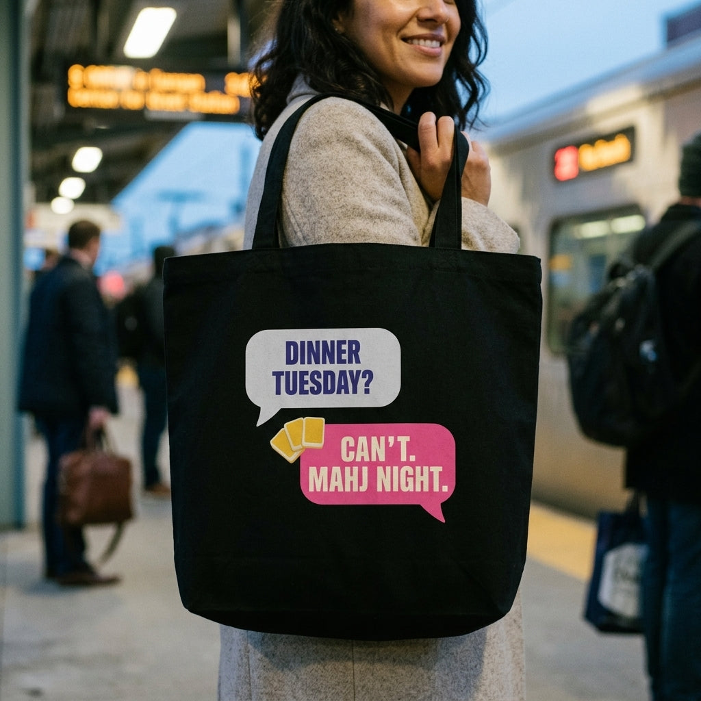 Mahj Night funny mahjong tote bag — lifestyle