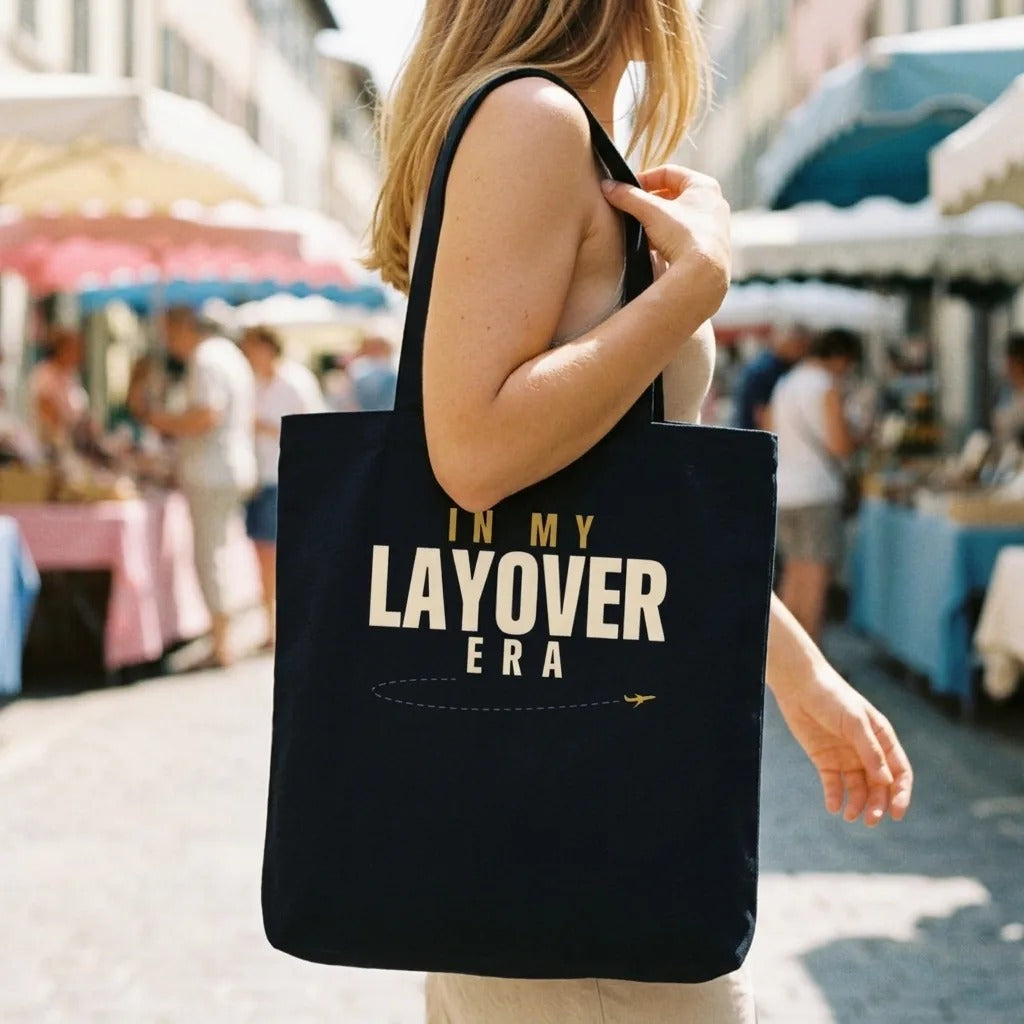 In My Layover Era flight attendant cotton tote bag — lifestyle