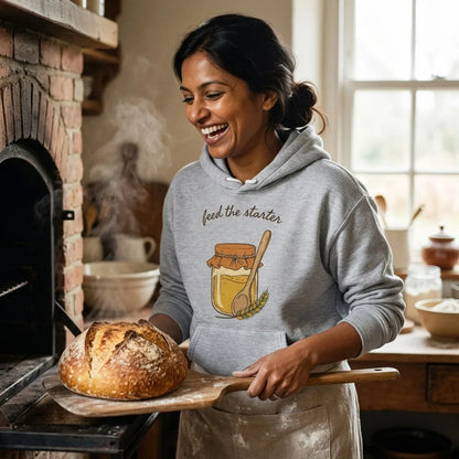 Feed The Starter sourdough baker hoodie — lifestyle