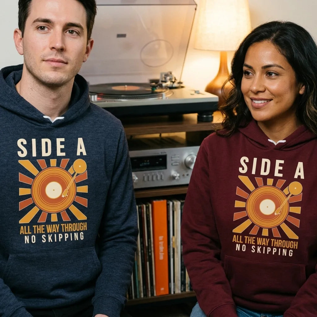 Side A No Skipping vinyl record hoodie — lifestyle