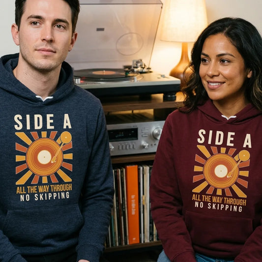 Side A No Skipping vinyl record hoodie — lifestyle