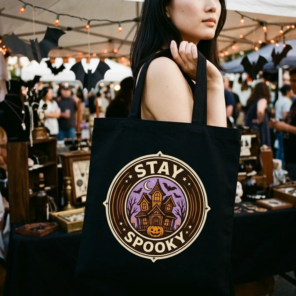 Stay Spooky retro Halloween vintage badge cotton tote bag — lifestyle