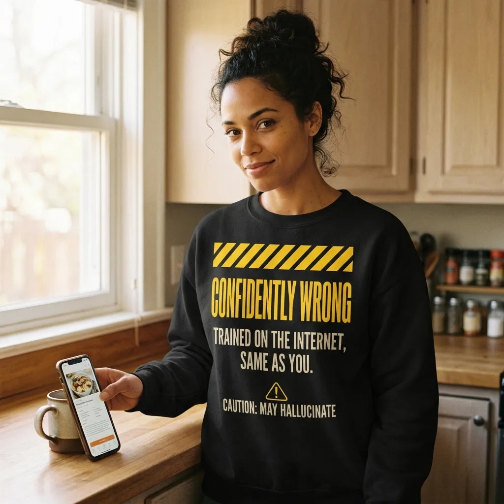 Confidently Wrong AI hazard-label crewneck sweatshirt — lifestyle