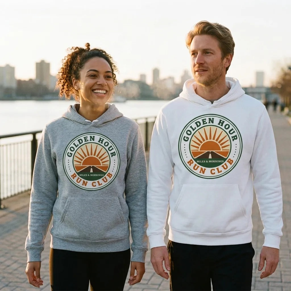 Golden Hour Run Club retro running hoodie — lifestyle