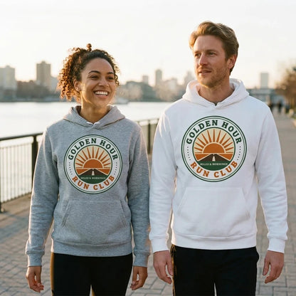 Golden Hour Run Club retro running hoodie — lifestyle