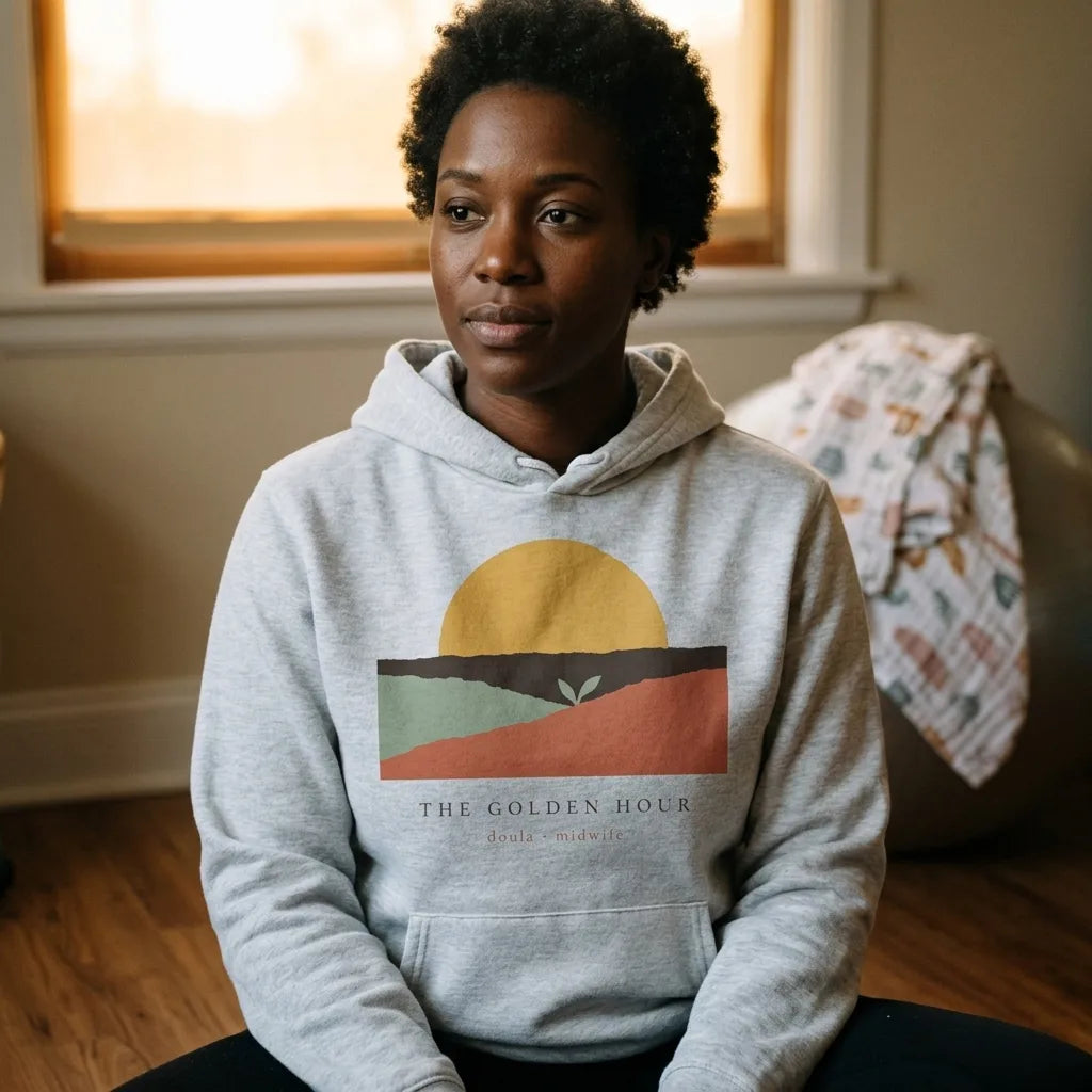 The Golden Hour birth worker doula hoodie — lifestyle