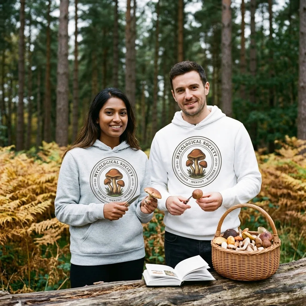 Mushroom Foraging Mycological Society vintage botanical hoodie — lifestyle