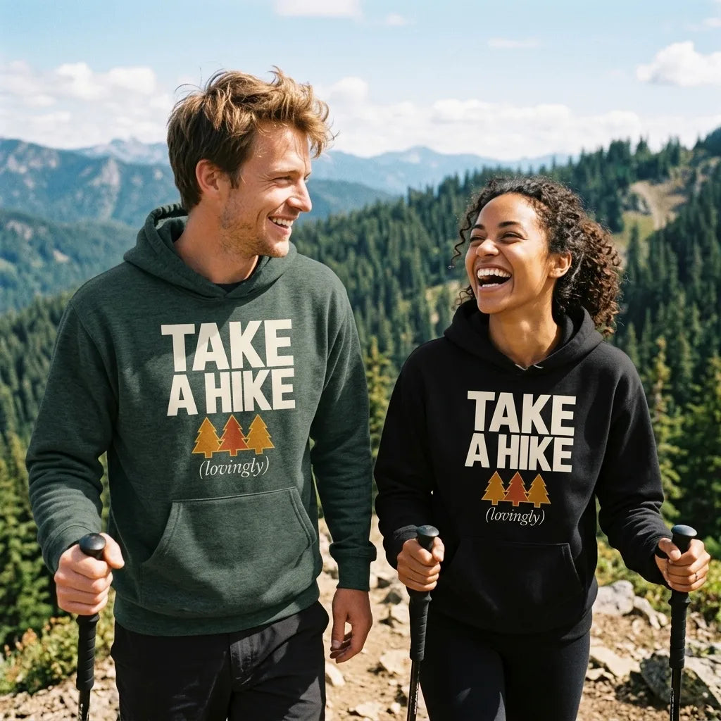Take a Hike retro outdoors humor typography hoodie — lifestyle