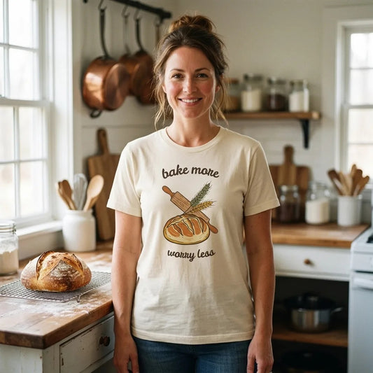 Home baker in a bright farmhouse kitchen wearing the Bake More Worry Less sourdough tee