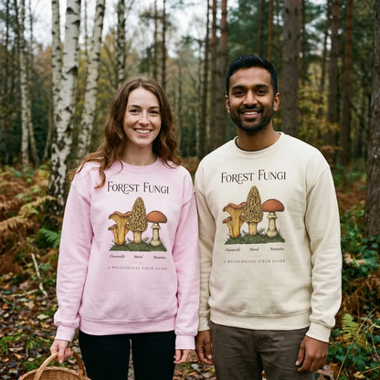 Forest Fungi vintage mushroom field guide crewneck — lifestyle