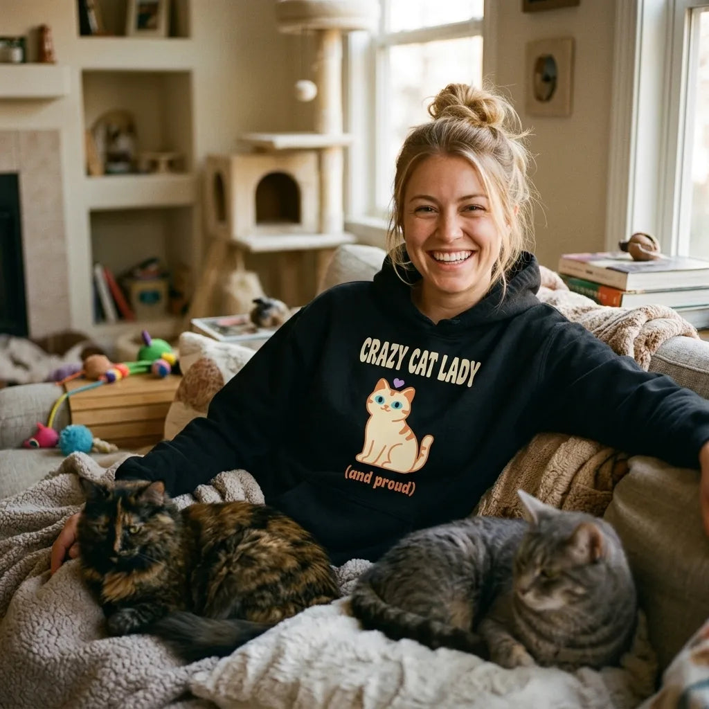 Crazy Cat Lady and Proud retro Y2K hoodie — lifestyle