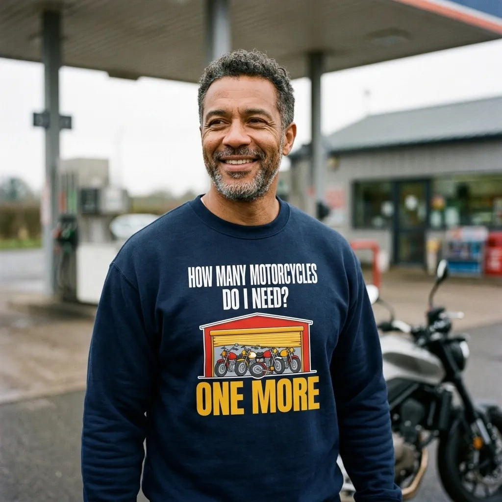 One More funny motorcycle crewneck sweatshirt — lifestyle