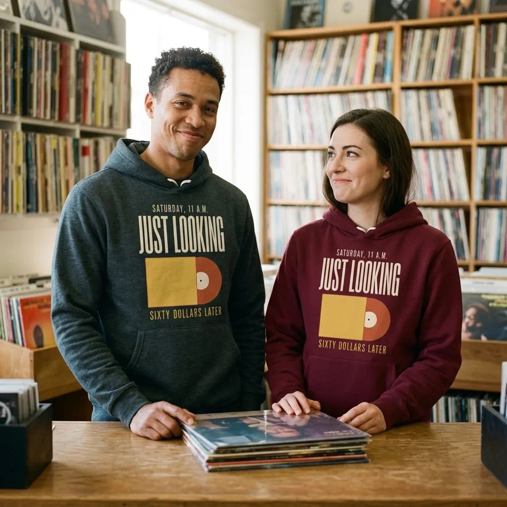 Just Looking Sixty Dollars Later vinyl record hoodie — lifestyle