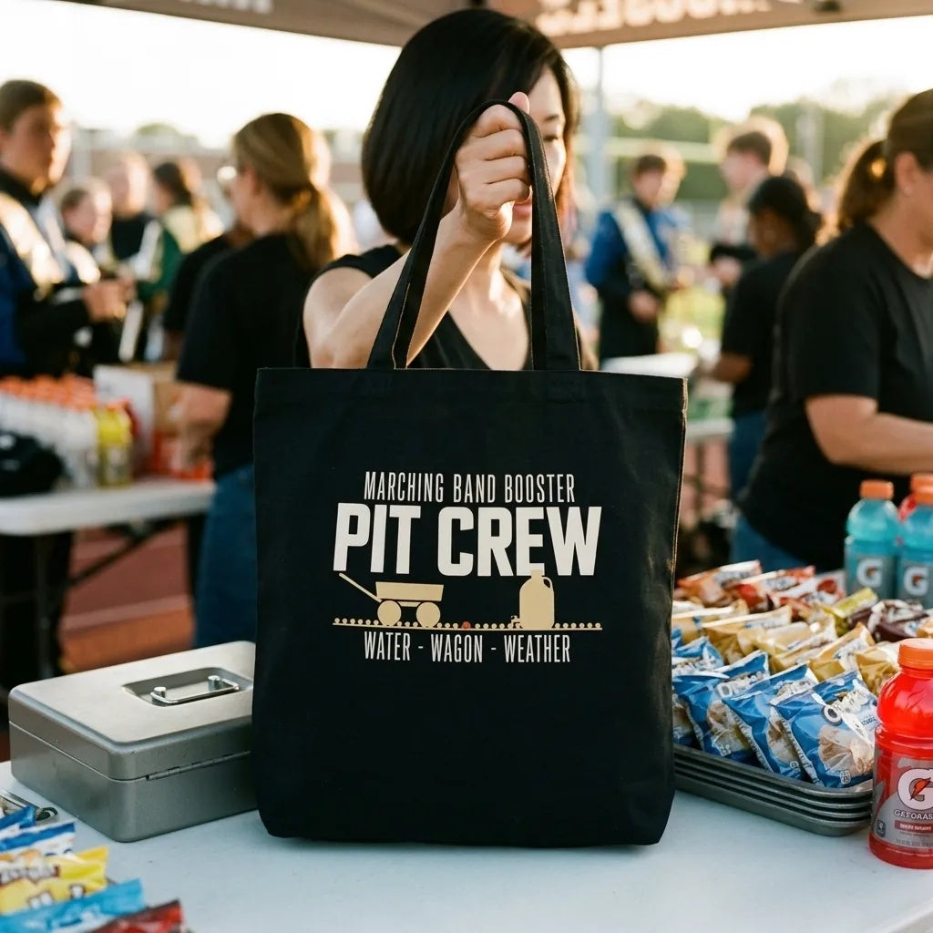 Pit Crew marching band booster canvas tote bag — lifestyle