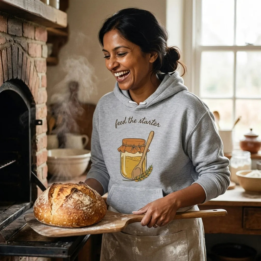 Feed The Starter sourdough baker hoodie — lifestyle