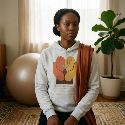 Holding Space birth worker doula hoodie — lifestyle
