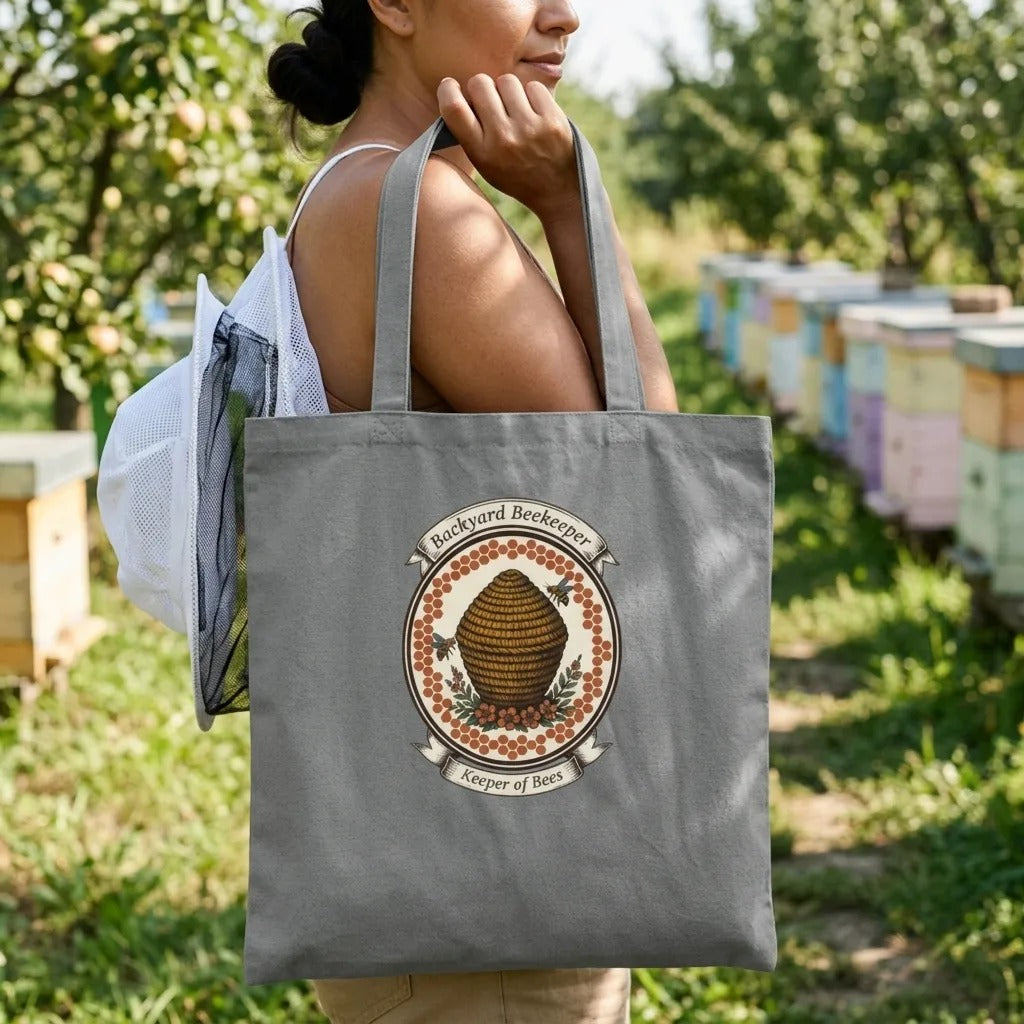 Backyard Beekeeper Keeper of Bees vintage apiary crest cotton tote bag — lifestyle