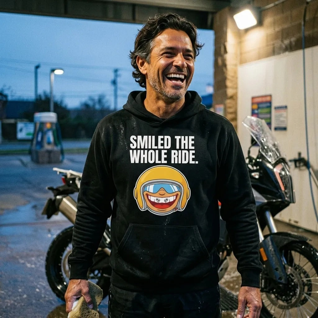 Smiled The Whole Ride funny motorcycle hoodie — lifestyle