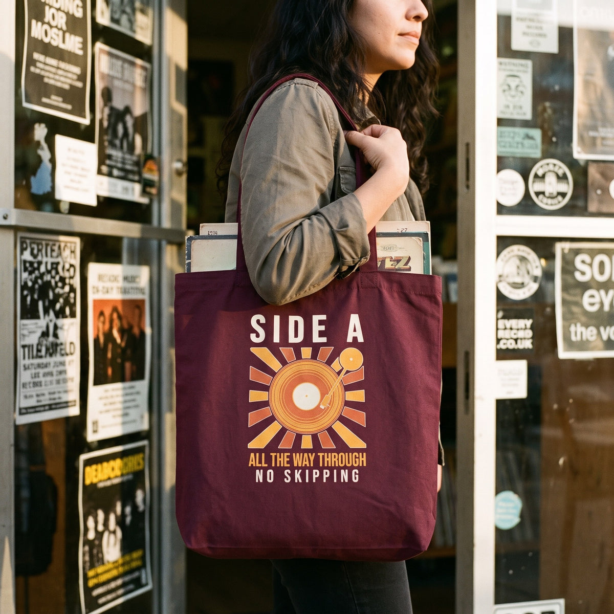 Side A No Skipping vinyl record cotton tote bag — lifestyle