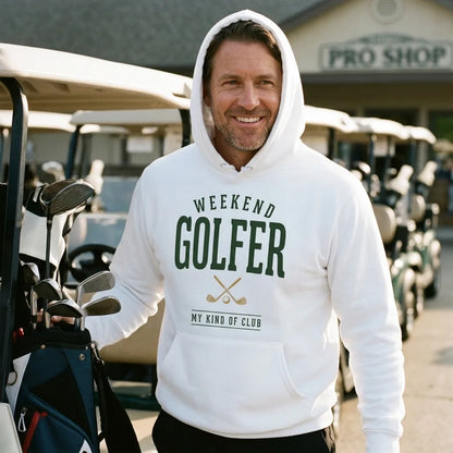 Weekend Golfer vintage golf wordmark hoodie — lifestyle
