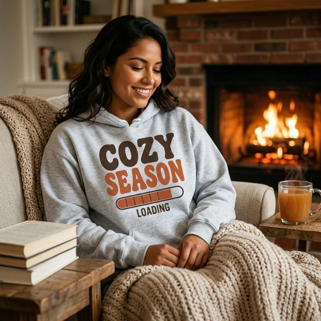 Cozy Season Loading retro 70s fall hoodie — lifestyle