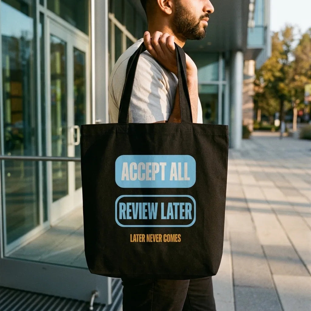 Accept All Review Later canvas tote bag — lifestyle