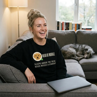 Head of Morale dog profile card crewneck sweatshirt — lifestyle