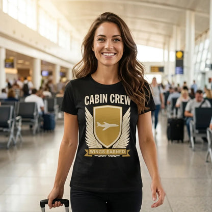 Wings Earned flight attendant tee — lifestyle