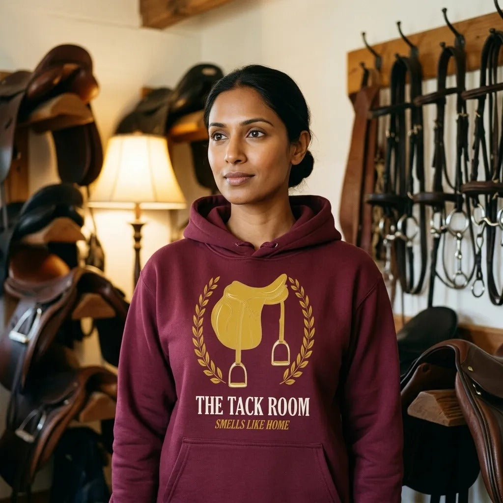 The Tack Room engraved equestrian saddle crest hoodie — lifestyle