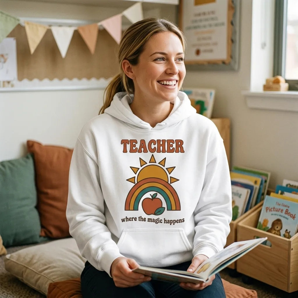 Teacher Where The Magic Happens retro groovy teacher hoodie — lifestyle