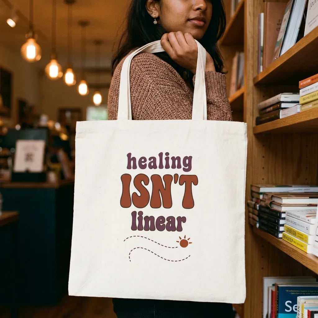 Healing Isn't Linear soft retro mental health cotton tote bag — lifestyle
