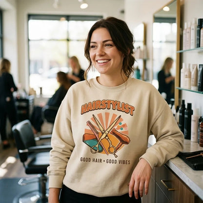 Retro Salon Hairstylist good hair good vibes crewneck — lifestyle