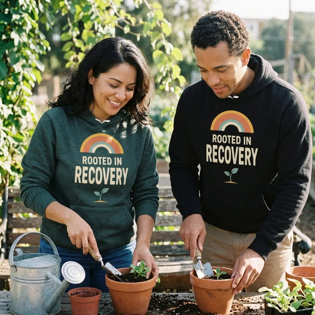 Rooted in Recovery retro rainbow hoodie — lifestyle
