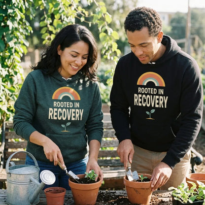 Rooted in Recovery retro rainbow hoodie — lifestyle