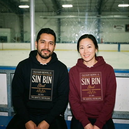 Beer League Sin Bin Stout brewery label hoodie — lifestyle