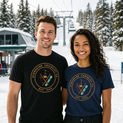 Stonepine Chairlift Co. retro vintage ski club badge t-shirt — lifestyle