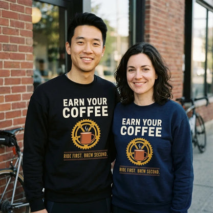 Earn Your Coffee retro cycling coffee crewneck — lifestyle