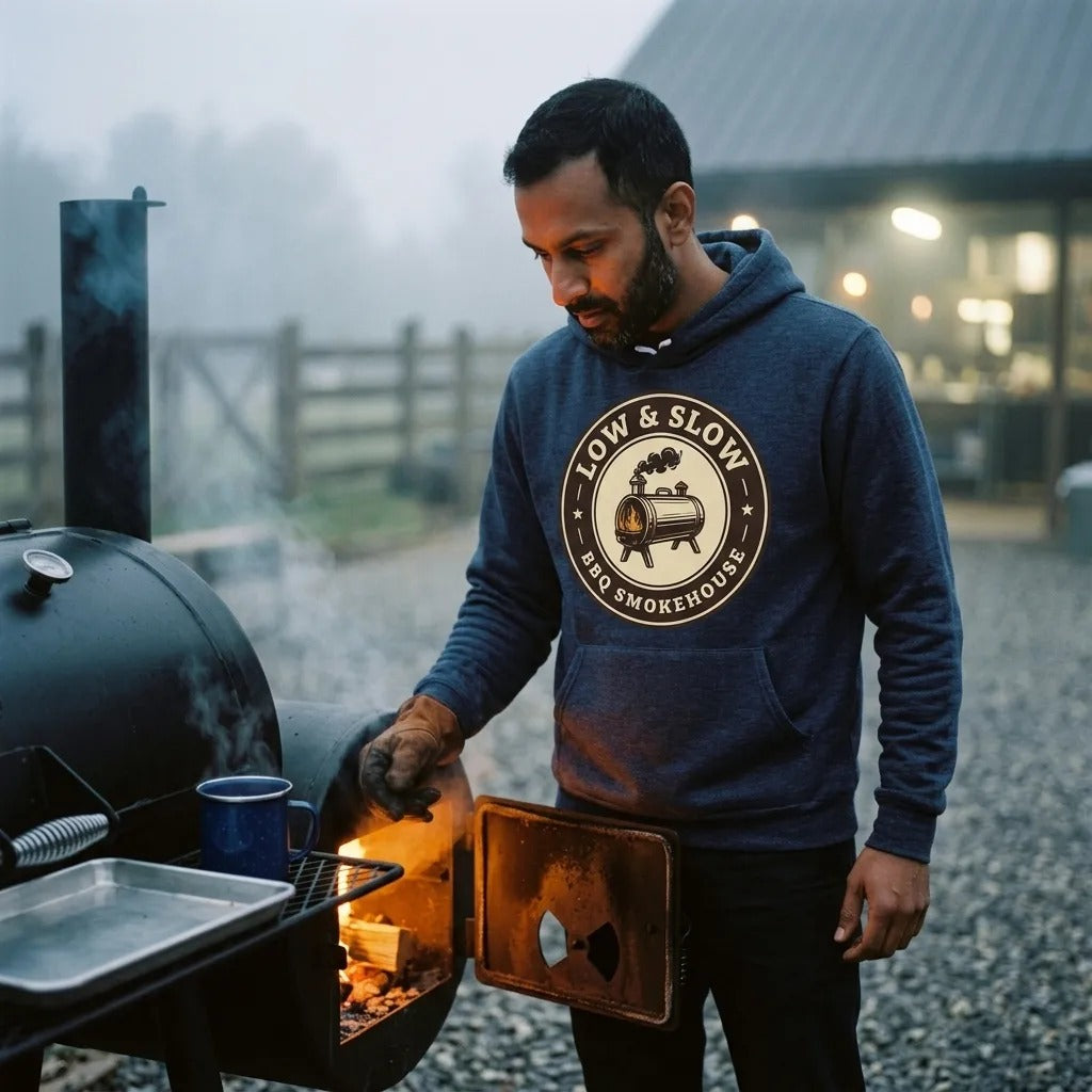 Low & Slow BBQ smoker hoodie — lifestyle