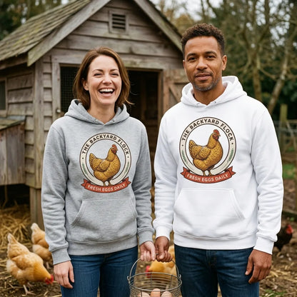 Backyard Flock heritage chicken keeper hoodie — lifestyle
