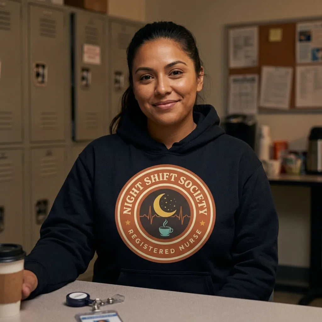 Night Shift Society retro registered nurse badge hoodie — lifestyle