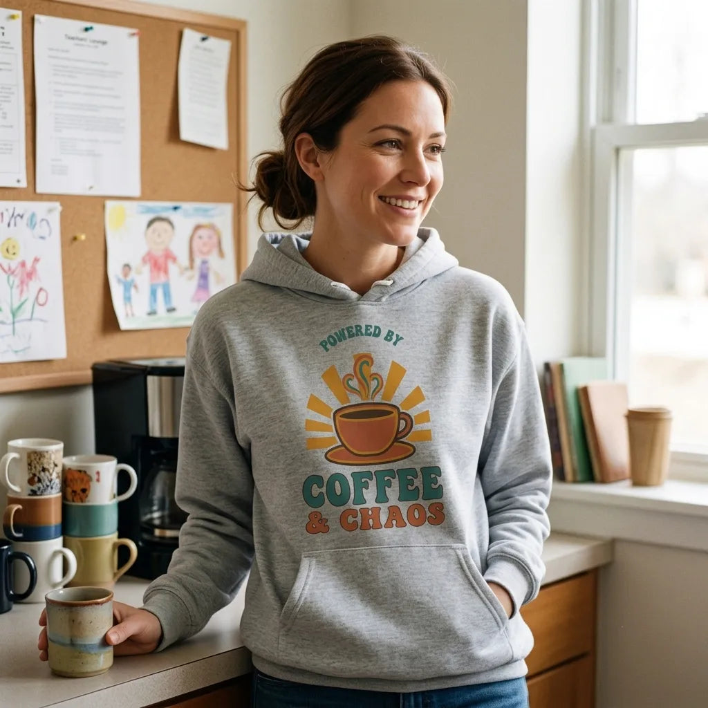 Powered By Coffee And Chaos retro groovy teacher hoodie — lifestyle