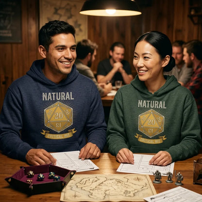 Natural 20 critical hit d20 tabletop RPG hoodie — lifestyle