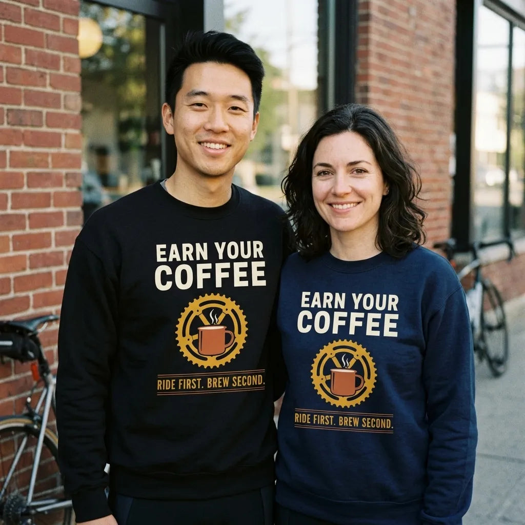 Earn Your Coffee retro cycling coffee crewneck — lifestyle