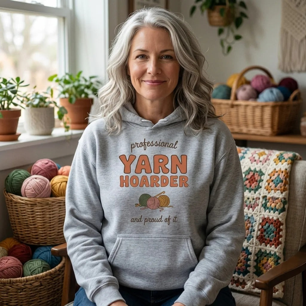 Professional Yarn Hoarder crochet cottagecore hoodie — lifestyle